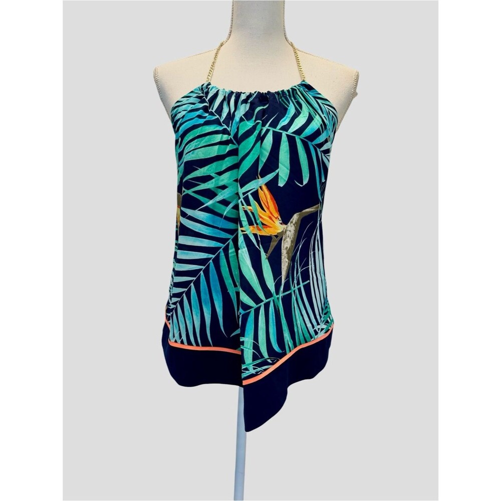 Express NWT Tropical Palm Print Handkerchief Top M Bird of Paradise Chain Halter